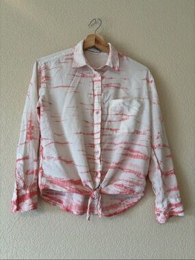 Equipment Women's Silk Tie-Front Button-Down Shirt - White with Coral Stripes